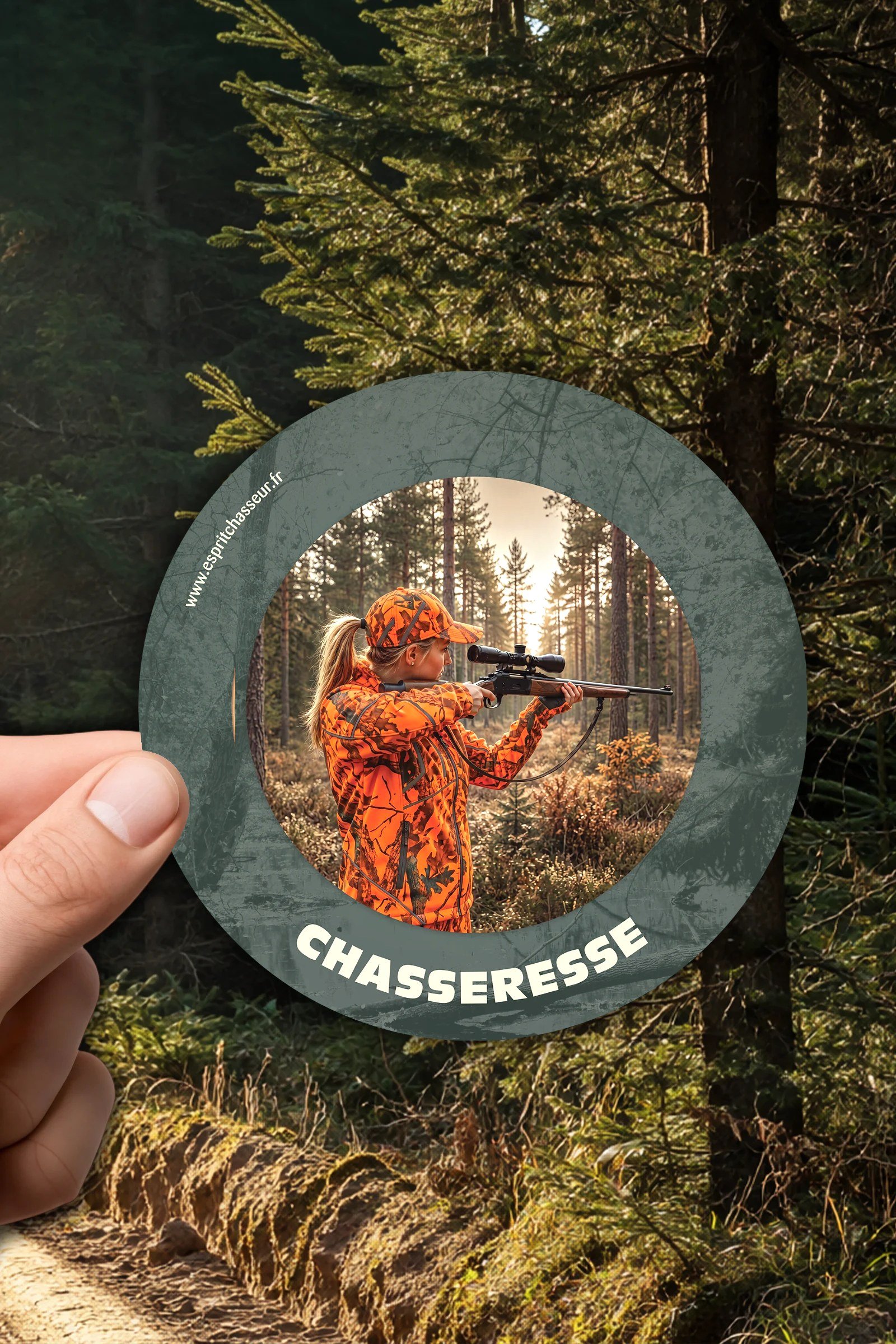 Sticker Chasseresse tenu à la main en forêt – Esprit Chasseur